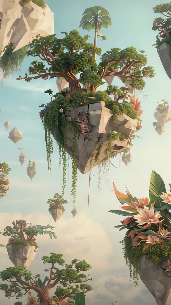 Vídeo vertical: cámara haciendo un barrido vertical hacia arriba que muestra la isla celeste principal con palmeras y flores rosas, revelando otras islas.