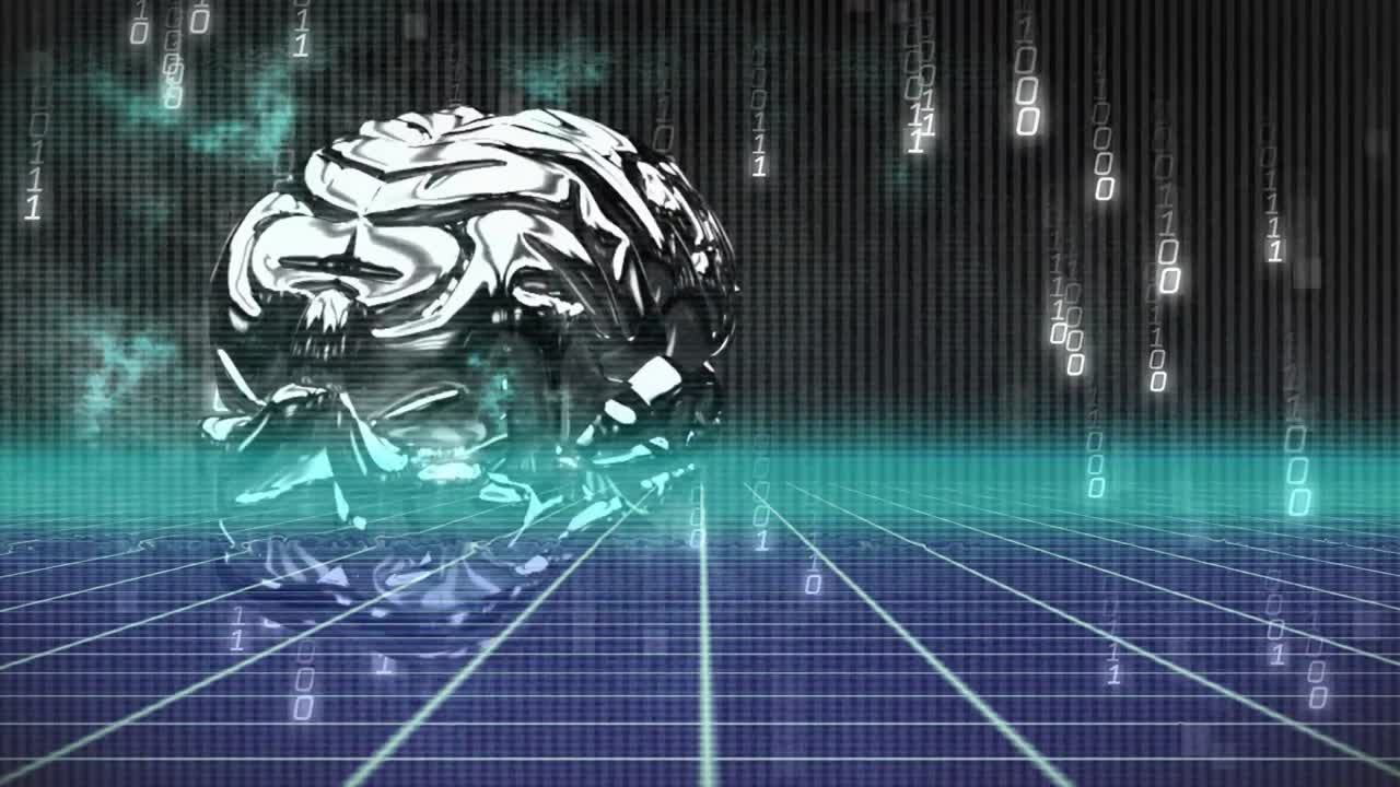 At start metallic brain model rotating with falling binary digits over grid demonstrating data flow