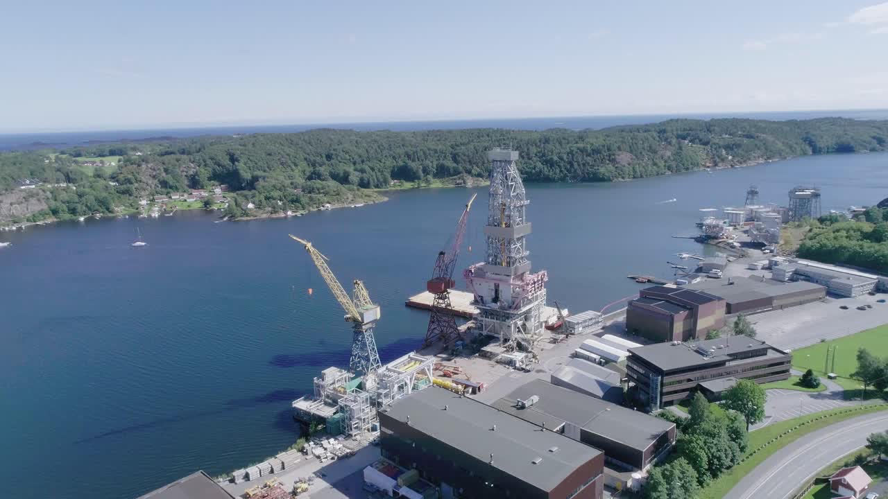 Aerial Slomo Panning high around a Small Loading Dock in Norway, during Sunny weather