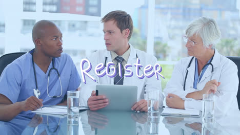 Animation-of-register-text-over-diverse-doctors-using-tablet