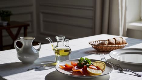 morning sunlight gently illuminates a cozy breakfast setup featuring a plate of smoked salmon, lemon slices, and fresh herbs, with olive oil and a bread basket nearby