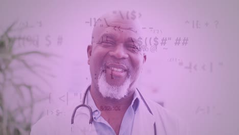animation of data processing over smiling african american male doctor