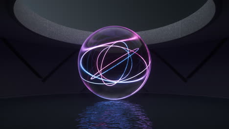 líneas de neón brillantes y bola de vidrio flotando en el agua, renderización en 3d.