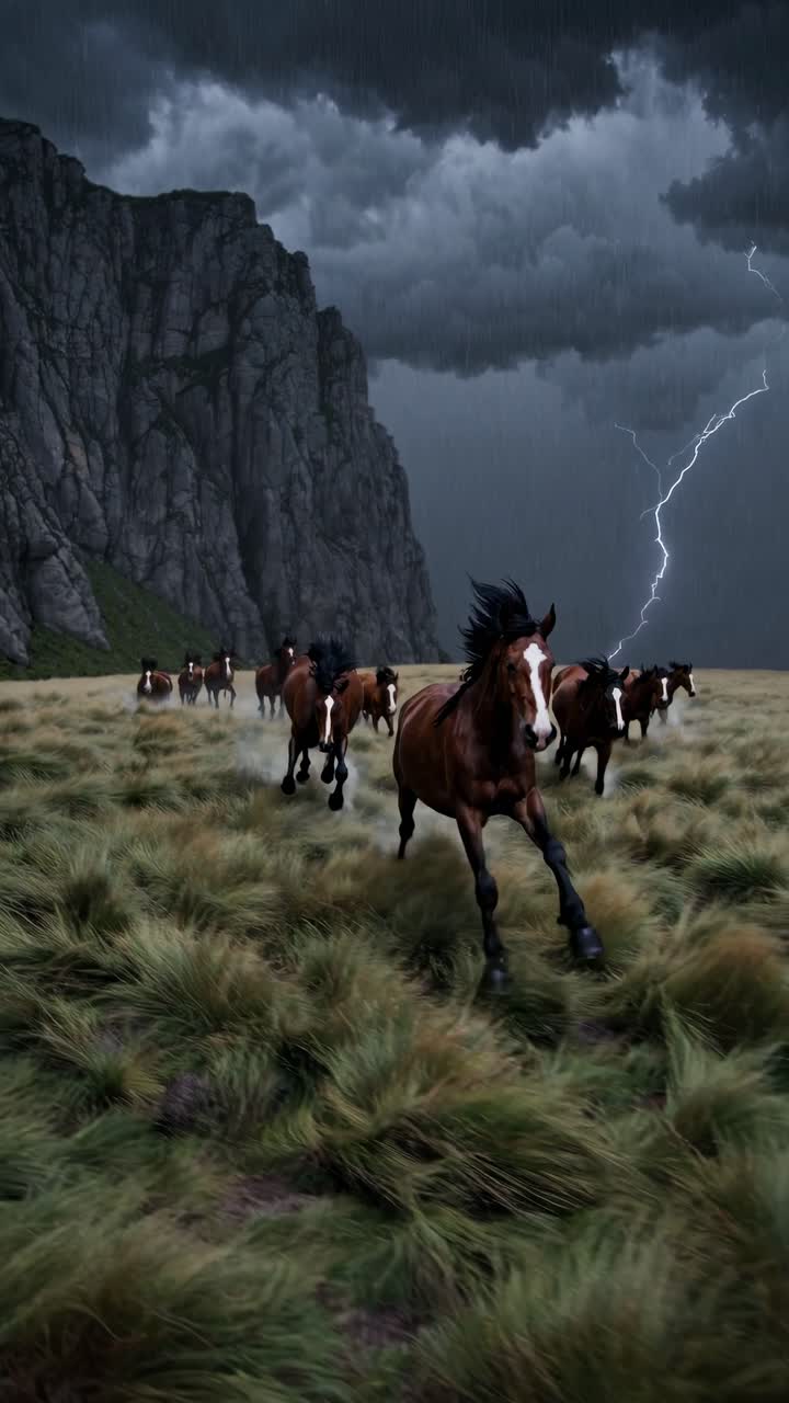 Dramatic video scene of wild horses galloping through a stormy landscape