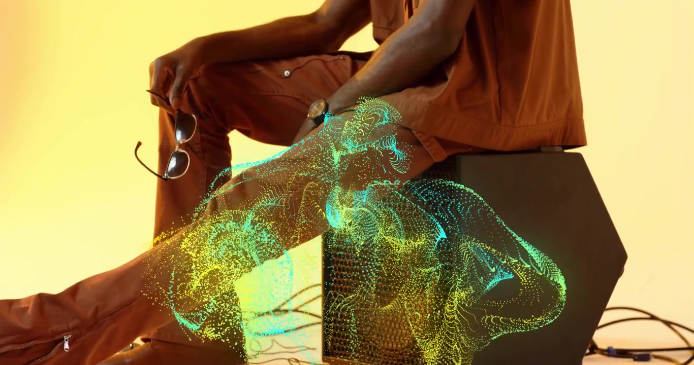 Man stepping onto speaker generating green digital particles while showcasing tech animation effect