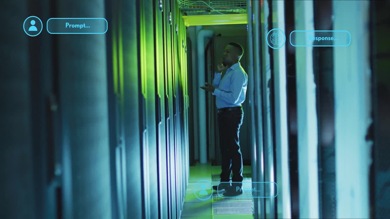 Animation of ai chat dialogue over african american technician using tablet in server room