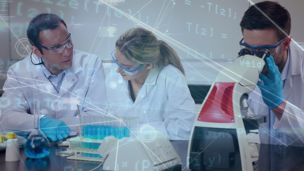 red de conexiones y procesamiento de datos sobre un grupo de científicos caucásicos que trabajan en el laboratorio