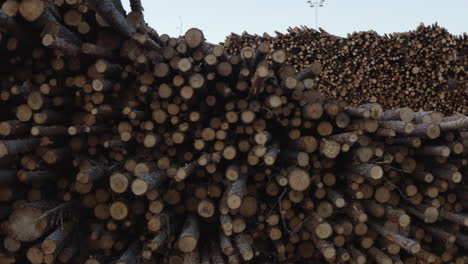 toma aérea de 4k moviéndose lateralmente de grandes pilas de madera, troncos y madera en una fábrica en suecia