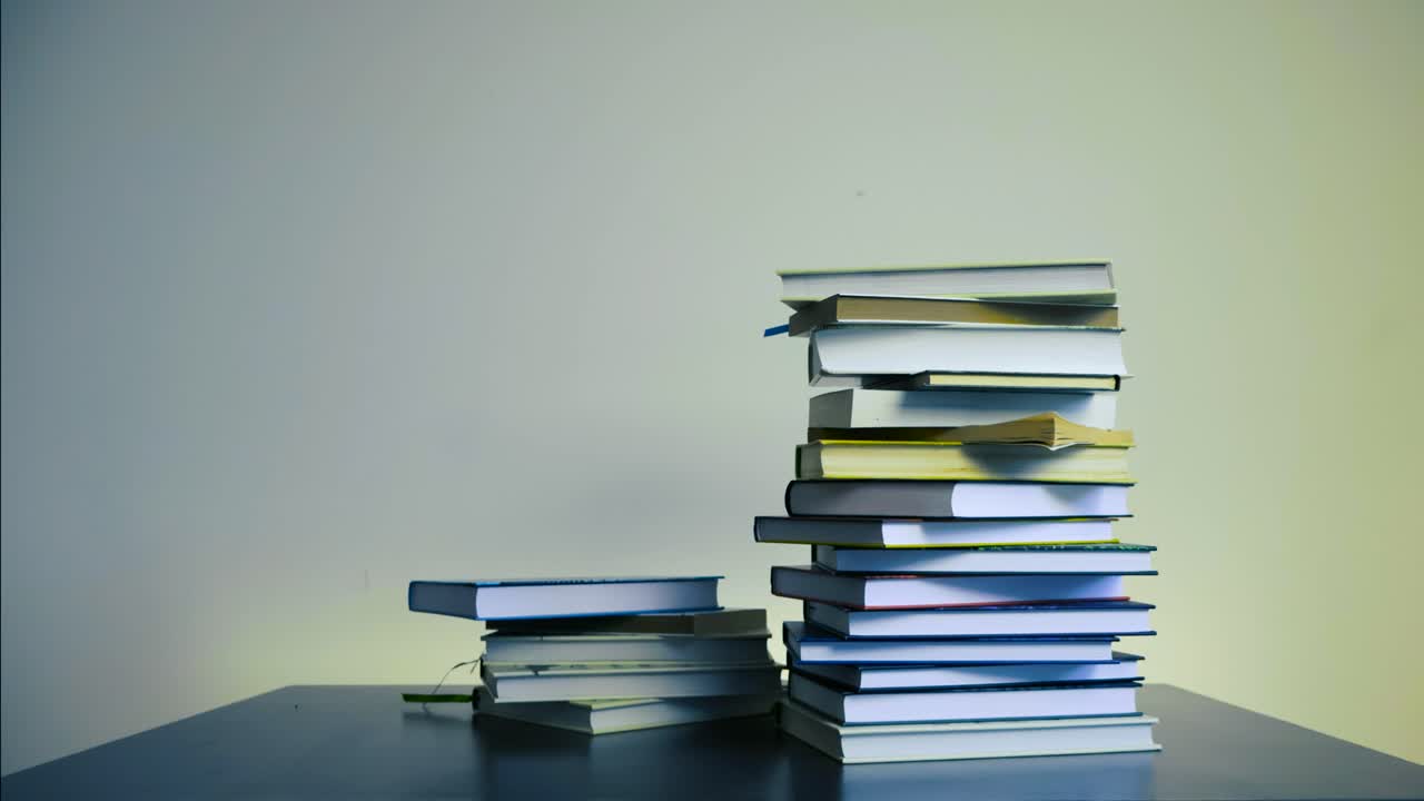Stop motion footage of books piling up on top of each other frame by frame in timelapse mode on a table. Books are hardcover with white, yellow pages. Pile increases and then decreases on the table.