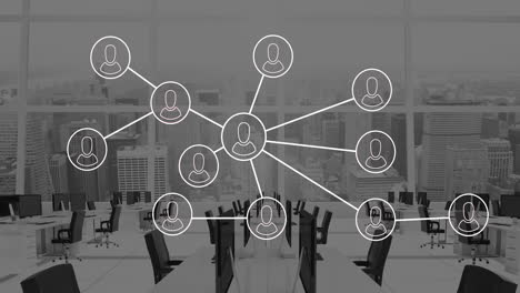 animation of network of profile against view of cityscape from office
