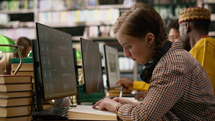 Student reading textbook and browsing computer at library study desk