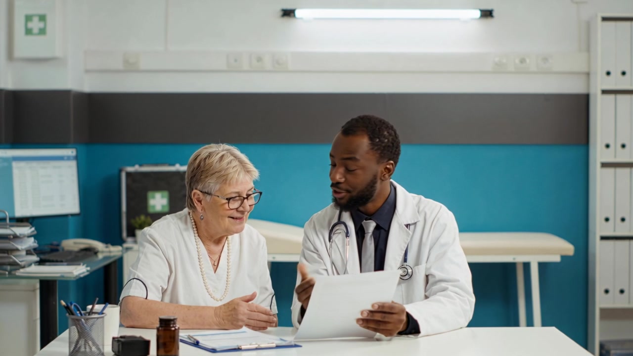 Medico in camice bianco e paziente che esaminano un referto alla scrivania della clinica, con il paziente che indossa gli occhiali.
