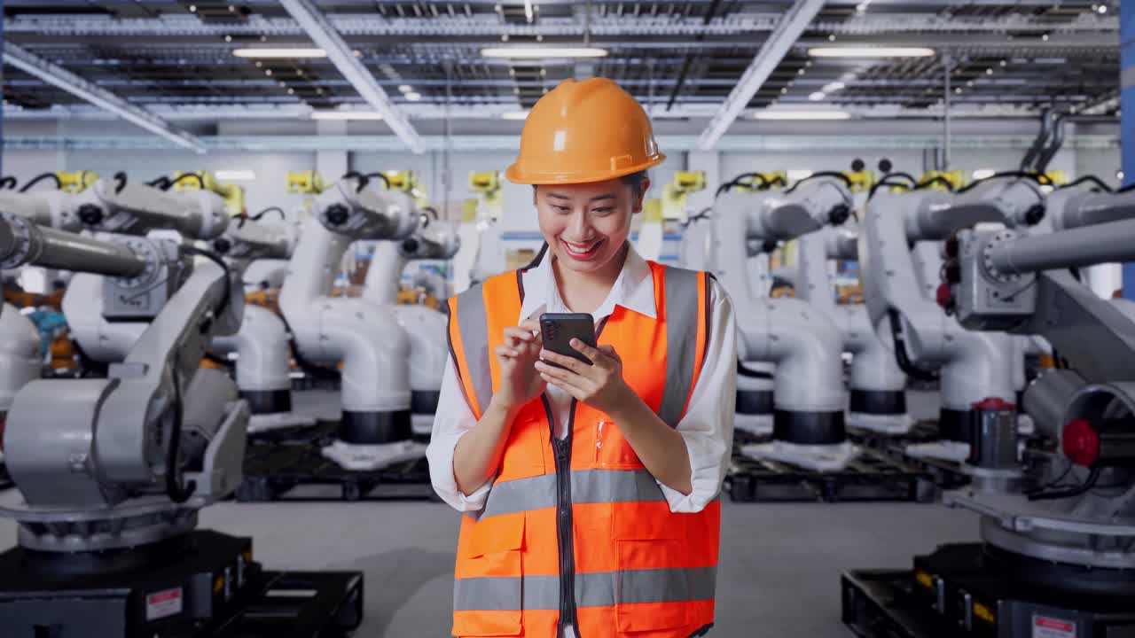 Ingegnere donna che usa uno smartphone in una fabbrica con robot