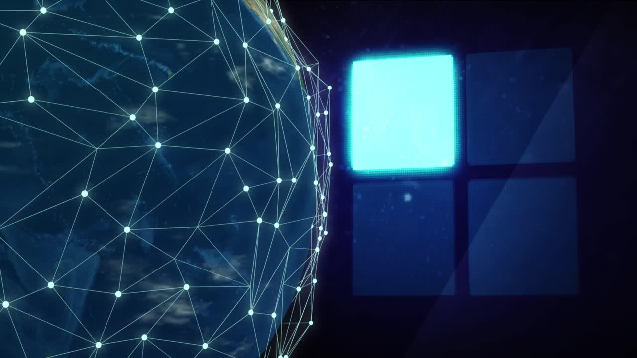 Animation of network of connections with globe and loading squares background