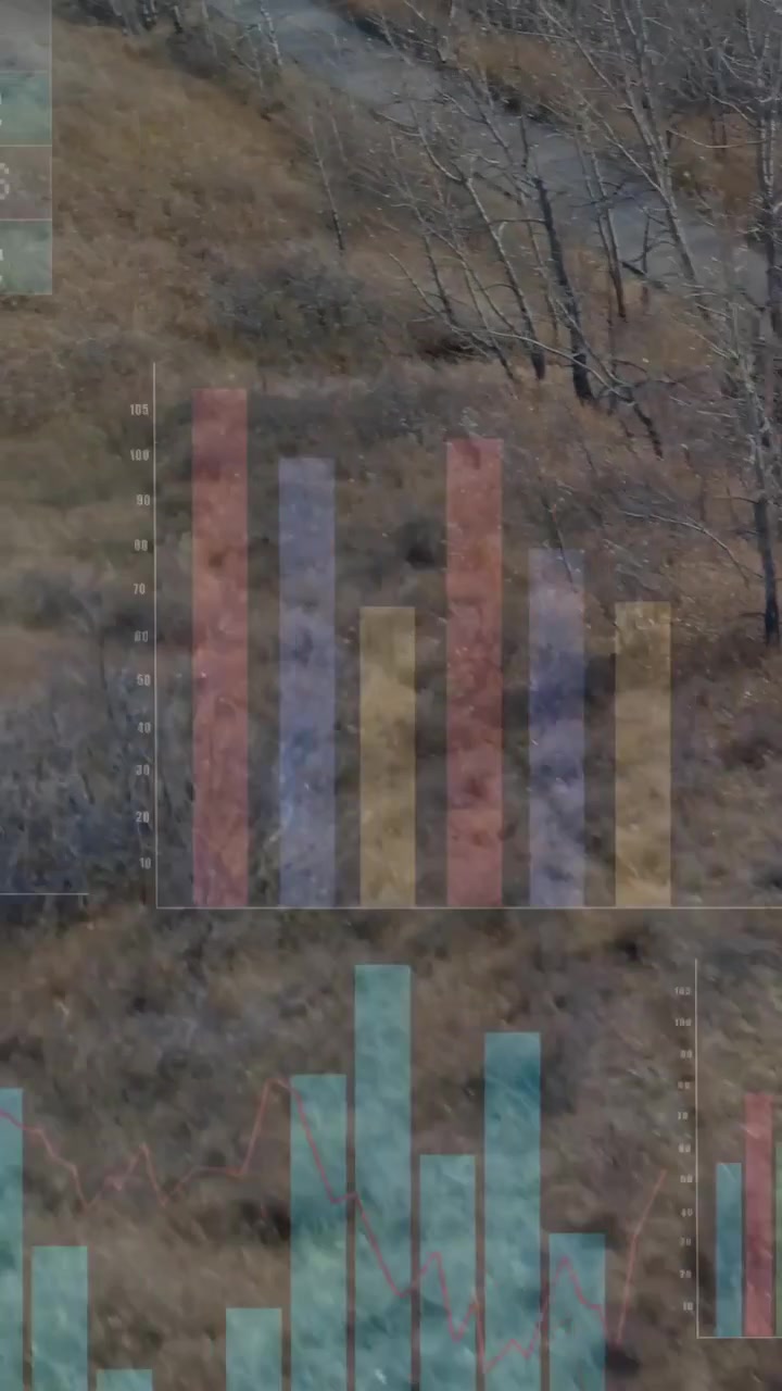 Vertical video: Drone view panning over hillside, causing bars, pies, matrix showing geo data