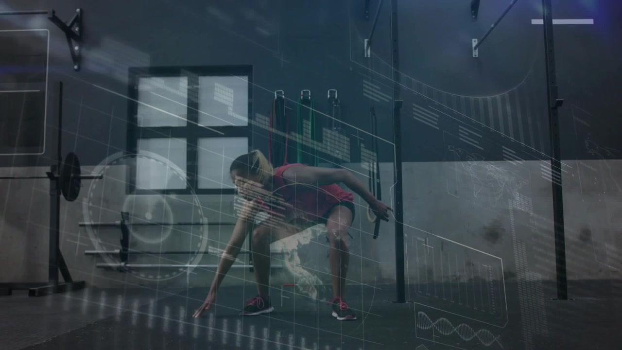 Vertical video: Jogging woman doing steps in gym as HUD moving in red top black shorts, copy space