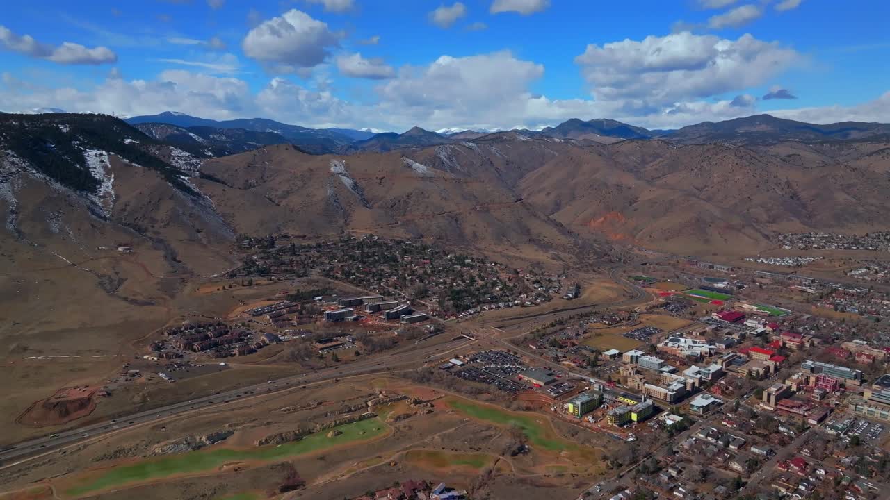 Snowy Lookout Mountain Trail Golden Colorado aerial drone Colorado historic downtown Golden Gate Canyon Clear Creek winter sunny morning afternoon bluesky Coors Beer Factory homes forward pan up