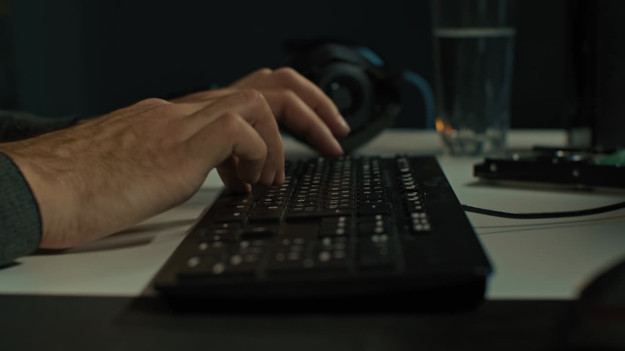 Close up hands typing on keyboard programmer coding software gamer using keyboard
