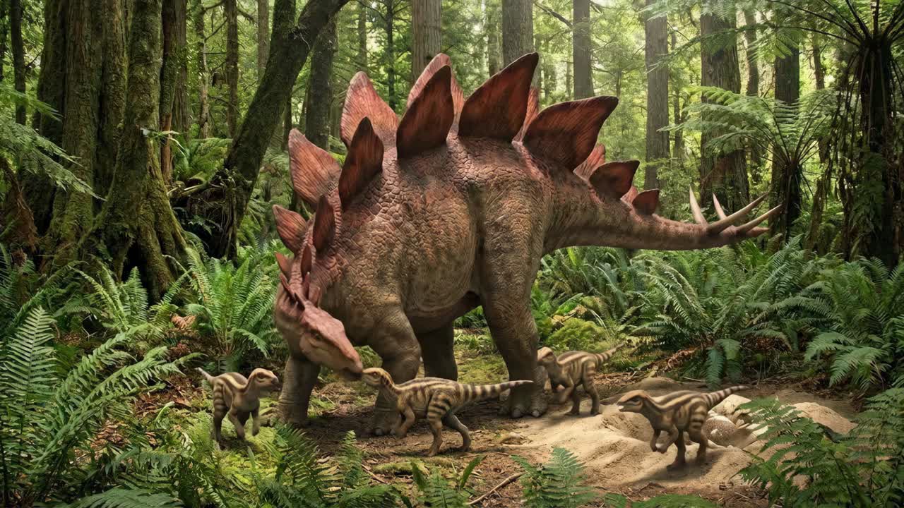 Famiglia di Stegosauri in una foresta preistorica