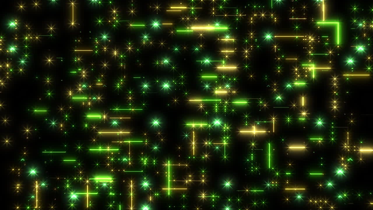 Digitally crafted, this artwork showcases a grid pattern of vibrant green and yellow squares creating a glowing, futuristic aesthetic