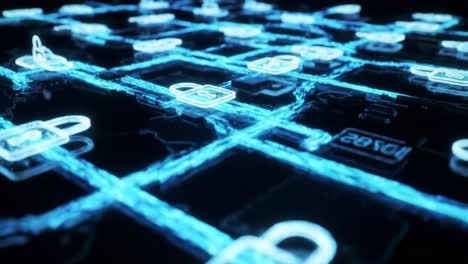 exploring a futuristic network of digital locks representing cyber security and data protection in an interconnected world of technology and innovation