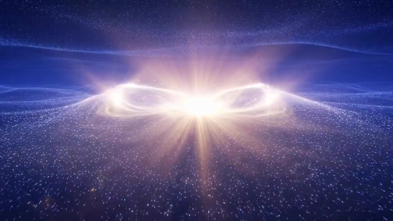 Abstract Motion Background with Glowing Blue Particles and Golden Light Waves