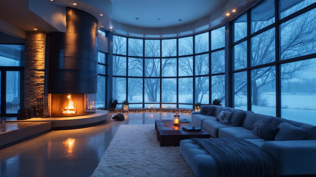 Cozy Winter Retreat: A Serene Living Room Featuring a Modern Fireplace Surrounded by Expansive Windows Showcasing a Snowy Landscape, Perfect for Warm Gatherings and Relaxation During Chilly Evenings