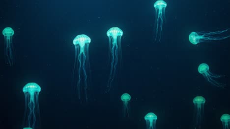 a mesmerizing display of glowing jellyfish floating gracefully in the deep ocean waters, capturing the beauty of marine life in ethereal colors and motion