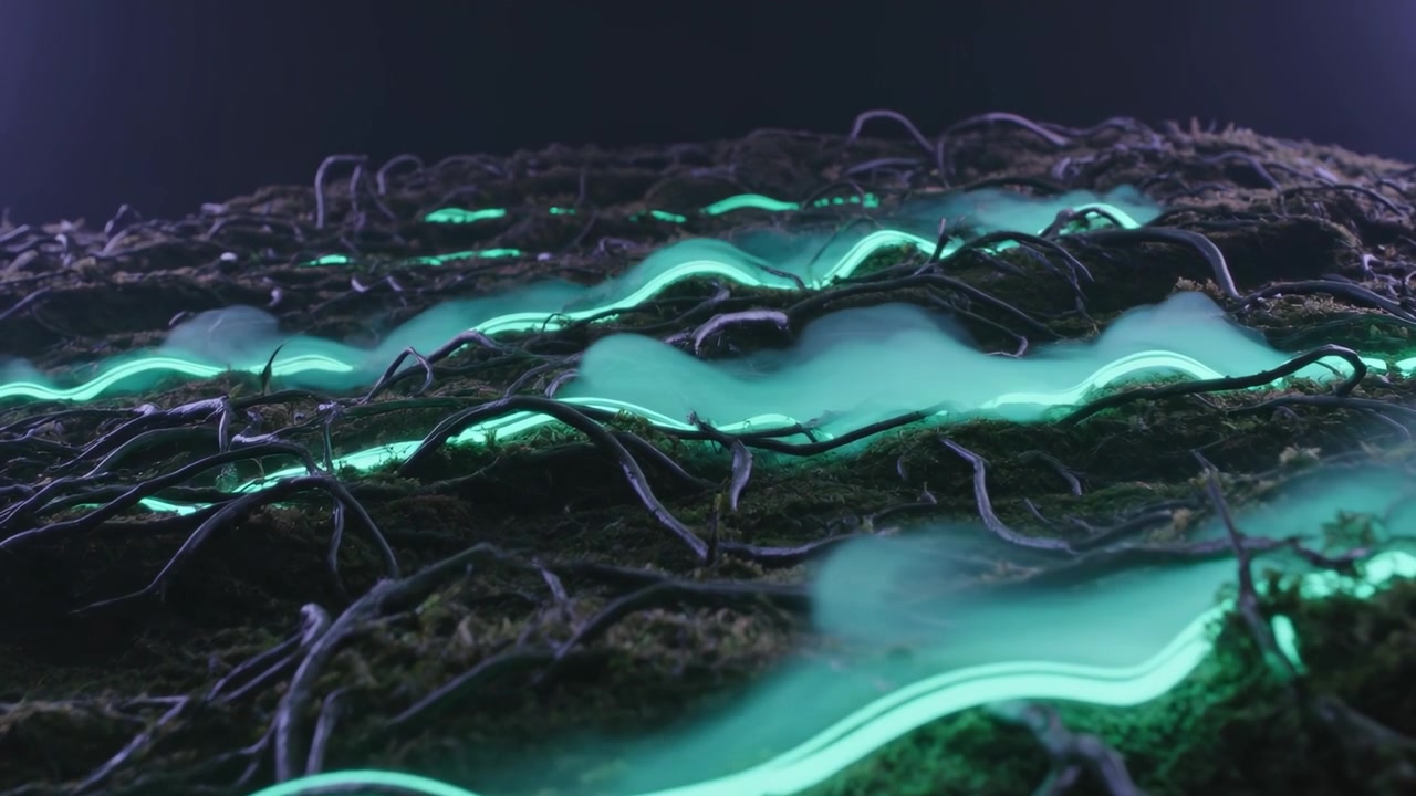 Opening neon lines brightening and filling grooves on mossy fibrous surface, activating pale vapor