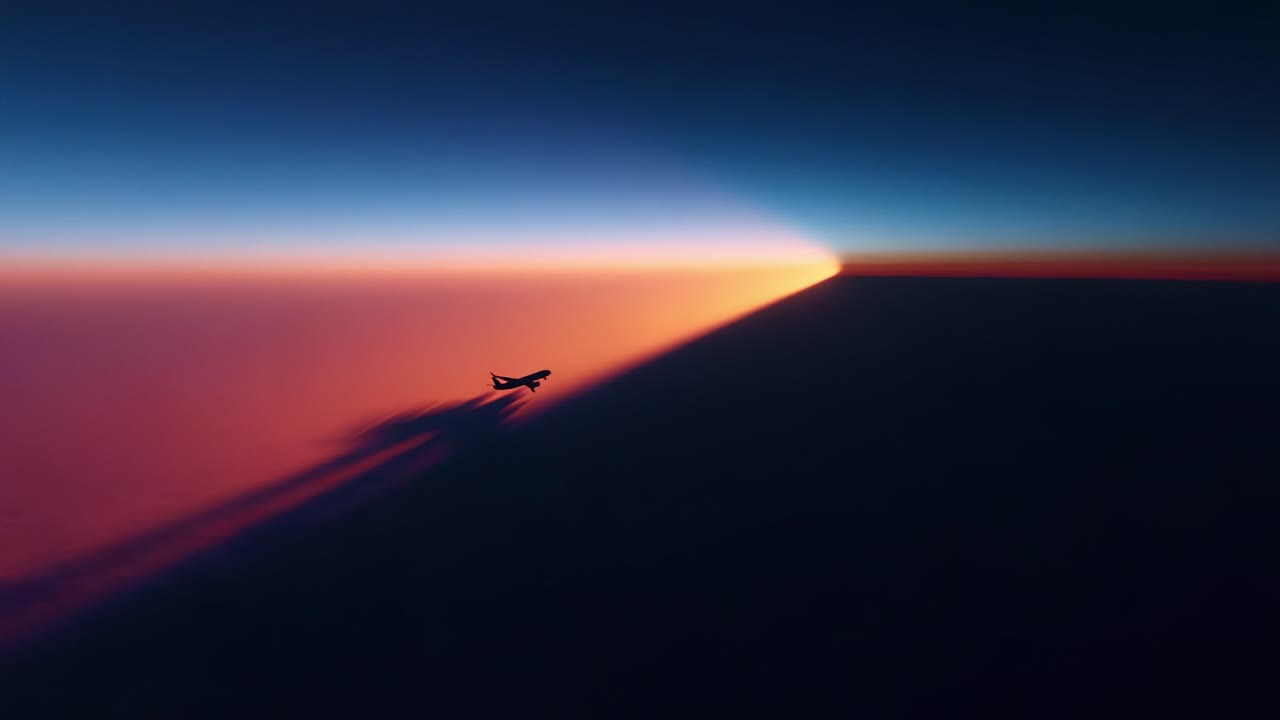 Majestic Sunset Over Clouds Captured from an Airplane Window: A Breathtaking View of the Sky with Vibrant Colors and the Play of Shadow Created by the Airplane's Silhouette