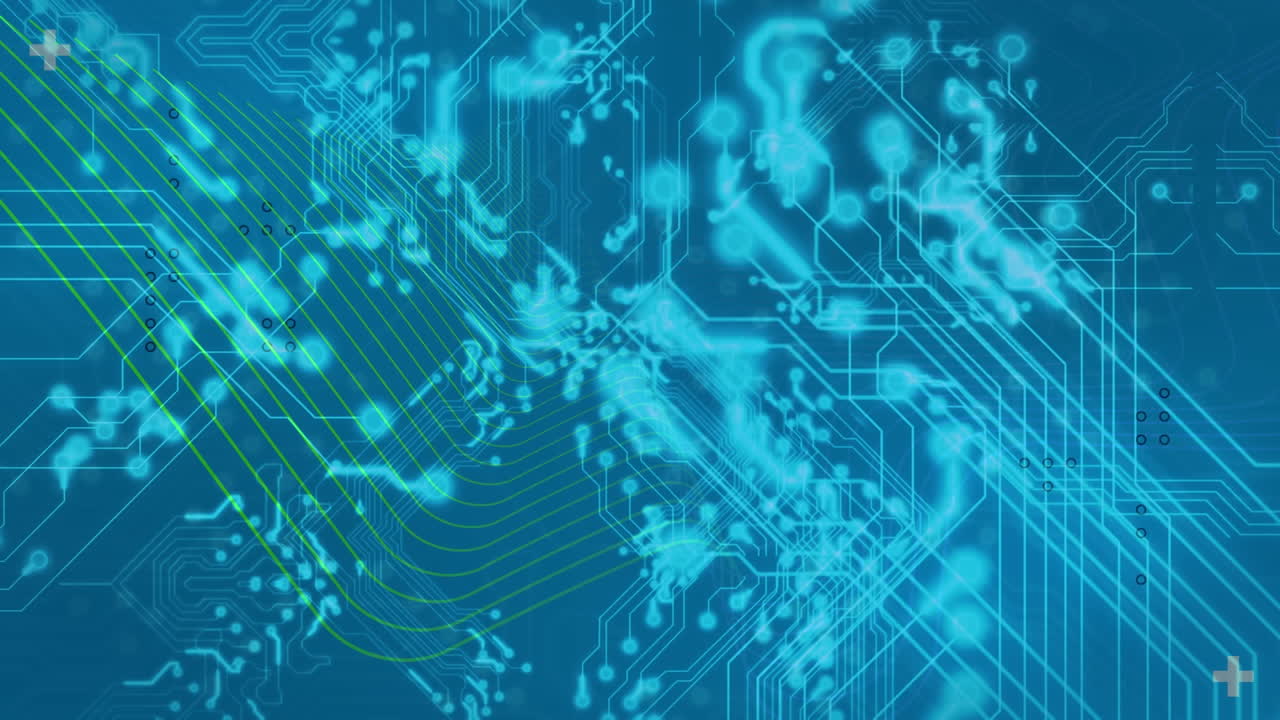 animación de las conexiones del microprocesador contra el espacio de copia en fondo azul
