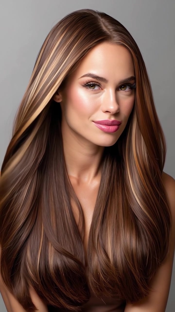 Mujer hermosa con cabello castaño largo, brillante y con mechas, mirando hacia arriba y sonriendo