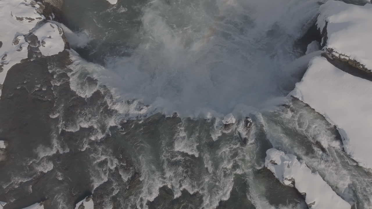 Birdseye Aerial View of Go&eth;afoss Waterfall in Cold Winter Landscape of Iceland, Drone Shot