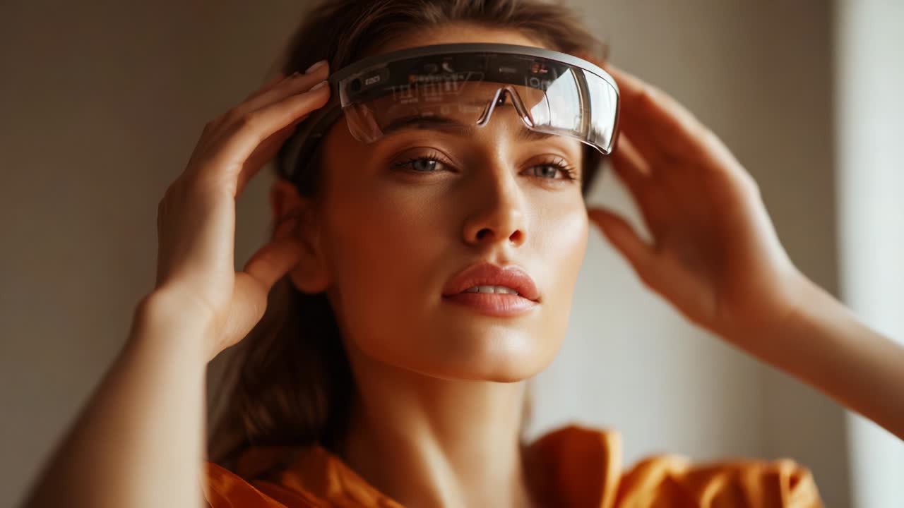A close-up view of a stylish young woman adjusting her futuristic smart glasses in a softly lit environment, showcasing a blend of beauty and technology while exuding confidence and sophistication