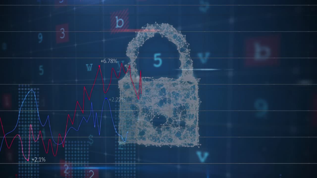 animación del texto de advertencia de seguridad y el candado sobre el procesamiento de datos en fondo oscuro
