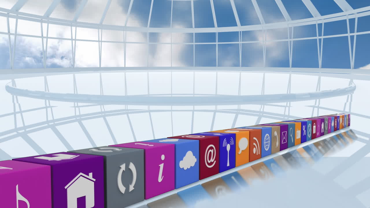 animación de iconos digitales que se mueven sobre interiores modernos y el cielo en el fondo