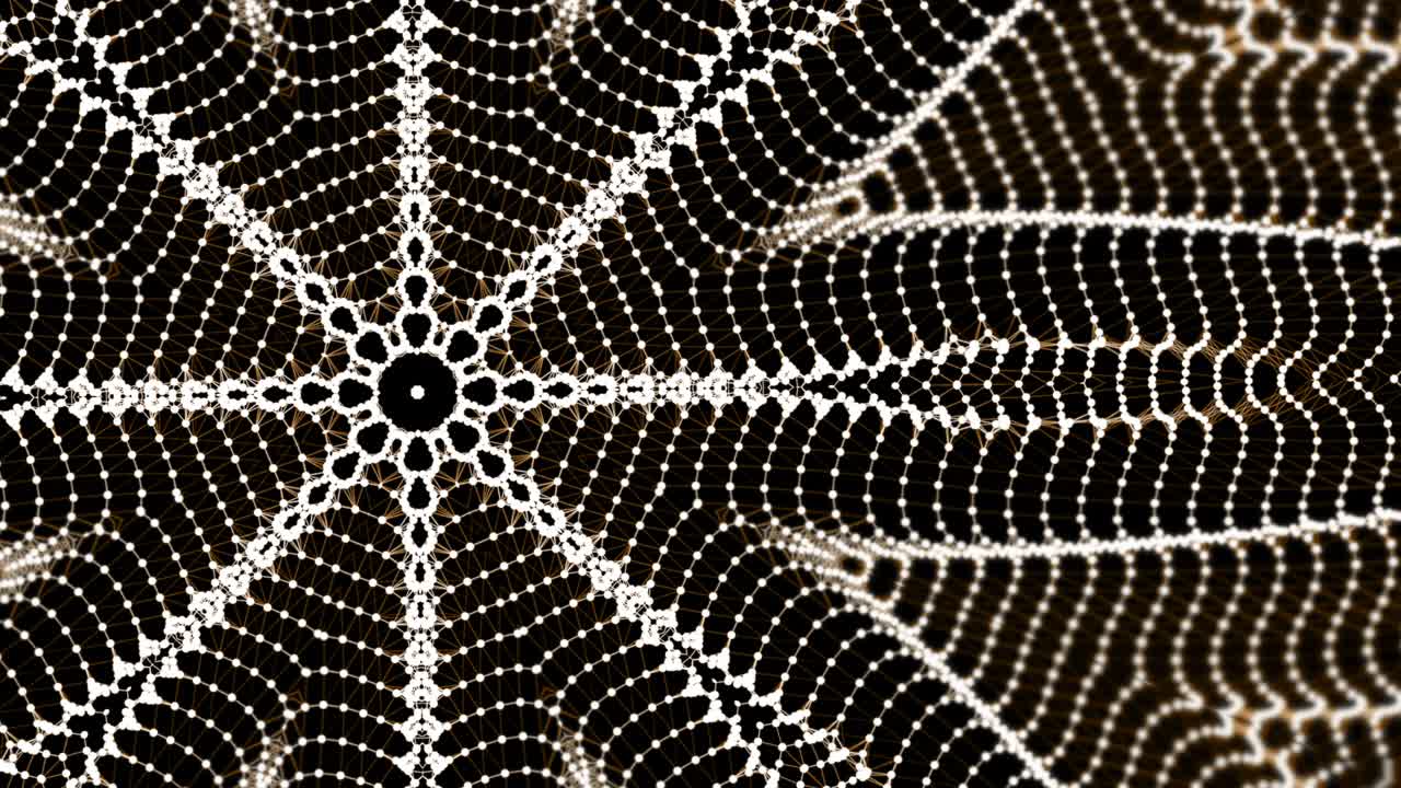 White abstract lattice mesh looking like flower pattern moving dynamically and illuminating on black background.