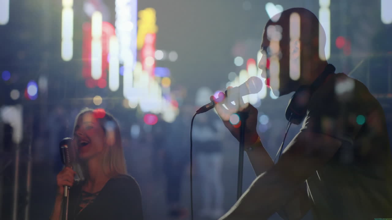singers collaborating in live concert under neon lights with animated soundwave and mic graphics