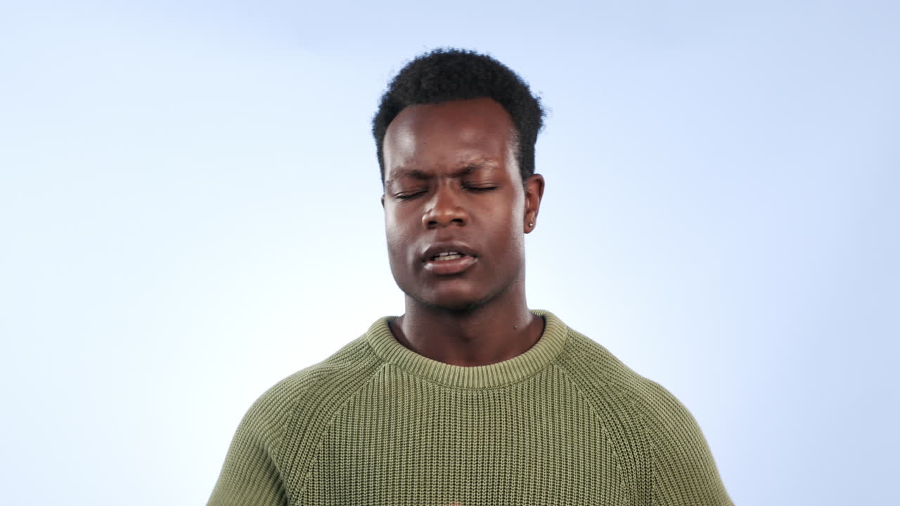 Stress, anxiety and man in studio with headache