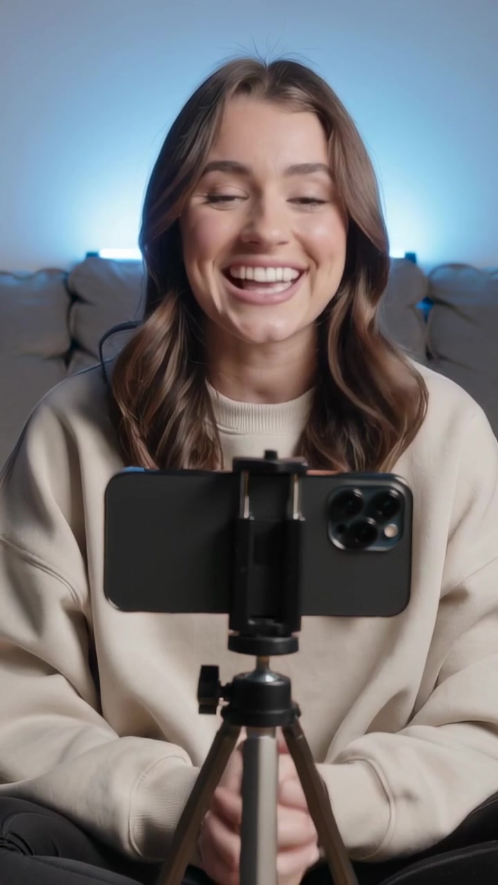 Video verticale: Donna con un maglione color crema che sorride, parlando a un telefono su treppiede a casa per un vlog.