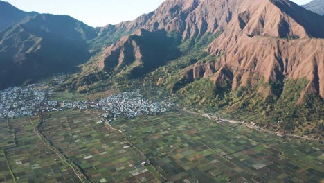 aéreo del popular paisaje sembalun con agricultura y montañas volcánicas