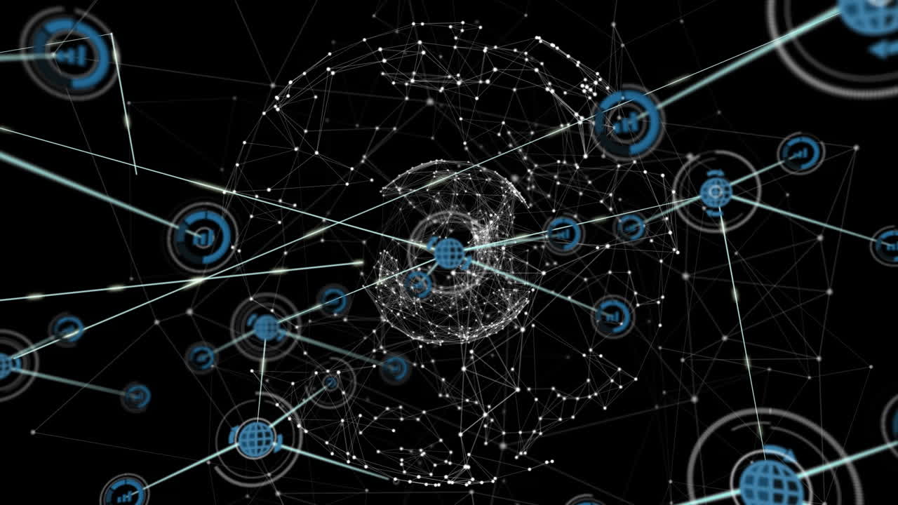 Animation of network of connections with icons over black background