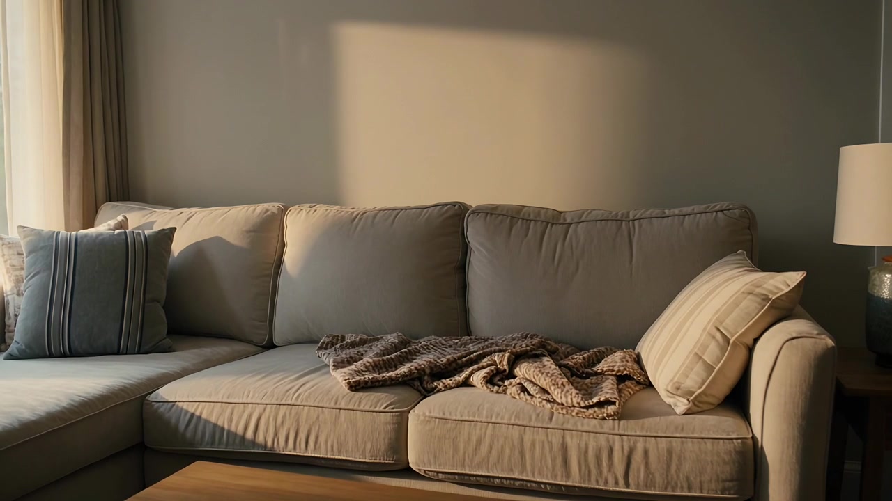 Macchia di luce solare che si sposta dalla finestra su un divano beige a casa, ammorbidendo il plaid a maglia e i cuscini