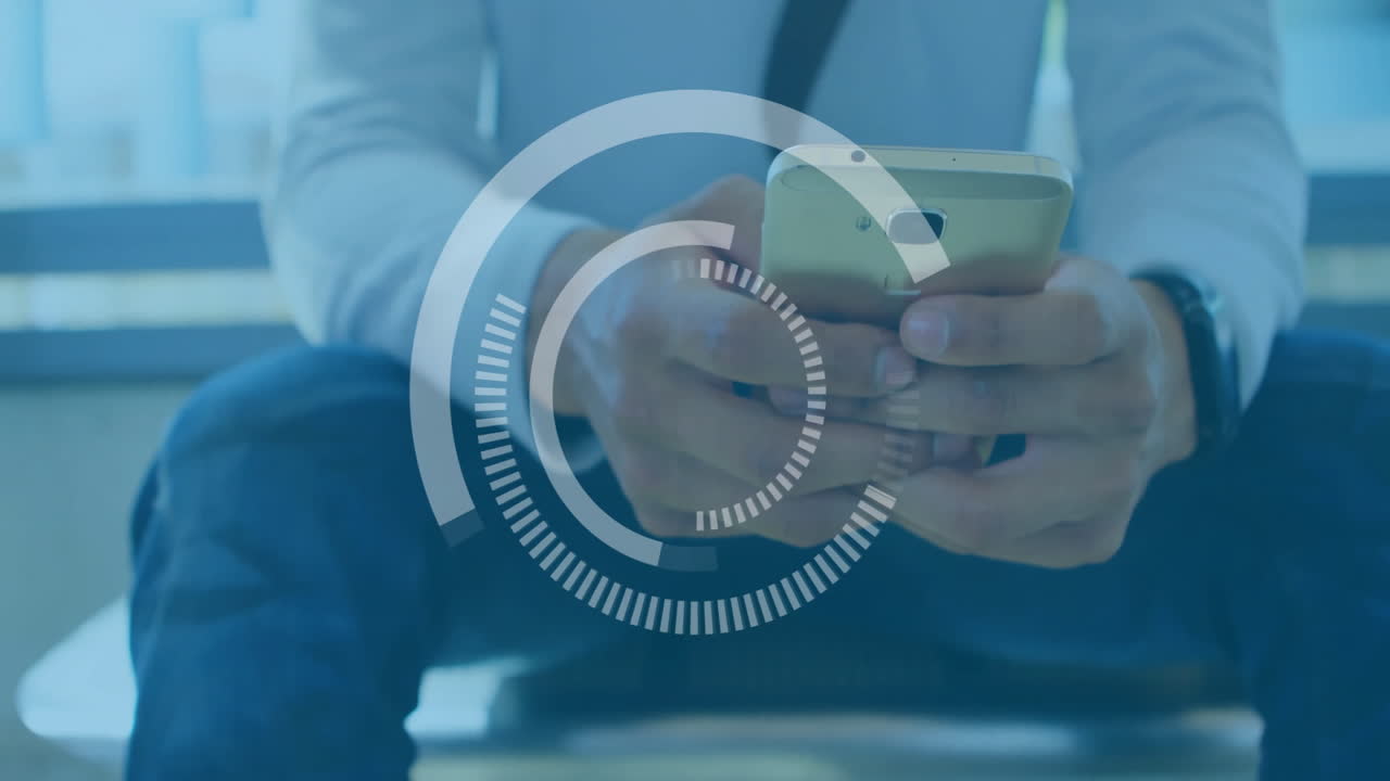 Using smartphone, person with digital data processing animation overlay in school