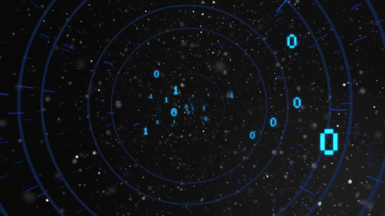 Loop playback initiating binary cluster pulsing and drifting, creating tech tunnel with rings