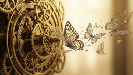 a captivating display of intricate gears and golden machinery, where animated butterflies gracefully emerge, symbolizing transformation and the blending of mechanics with nature.