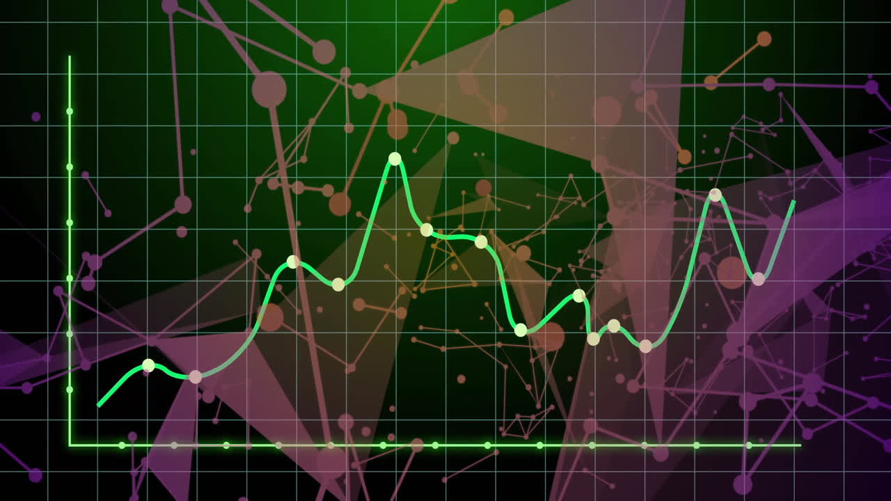 gráfico de líneas fluctuantes sobre conexiones de red animación que muestra tendencias de datos