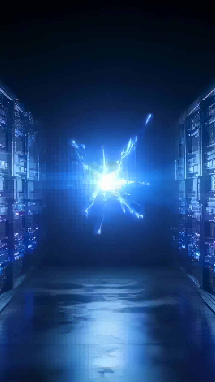 Vertical video: Emerging hovering blue orb growing and sparking in server room aisle, with racks