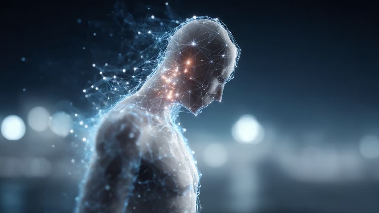 A Glimpse Into the Futuristic Synthesis of Man and Technology: An ethereal representation capturing the essence of human existence intertwined with digital innovation