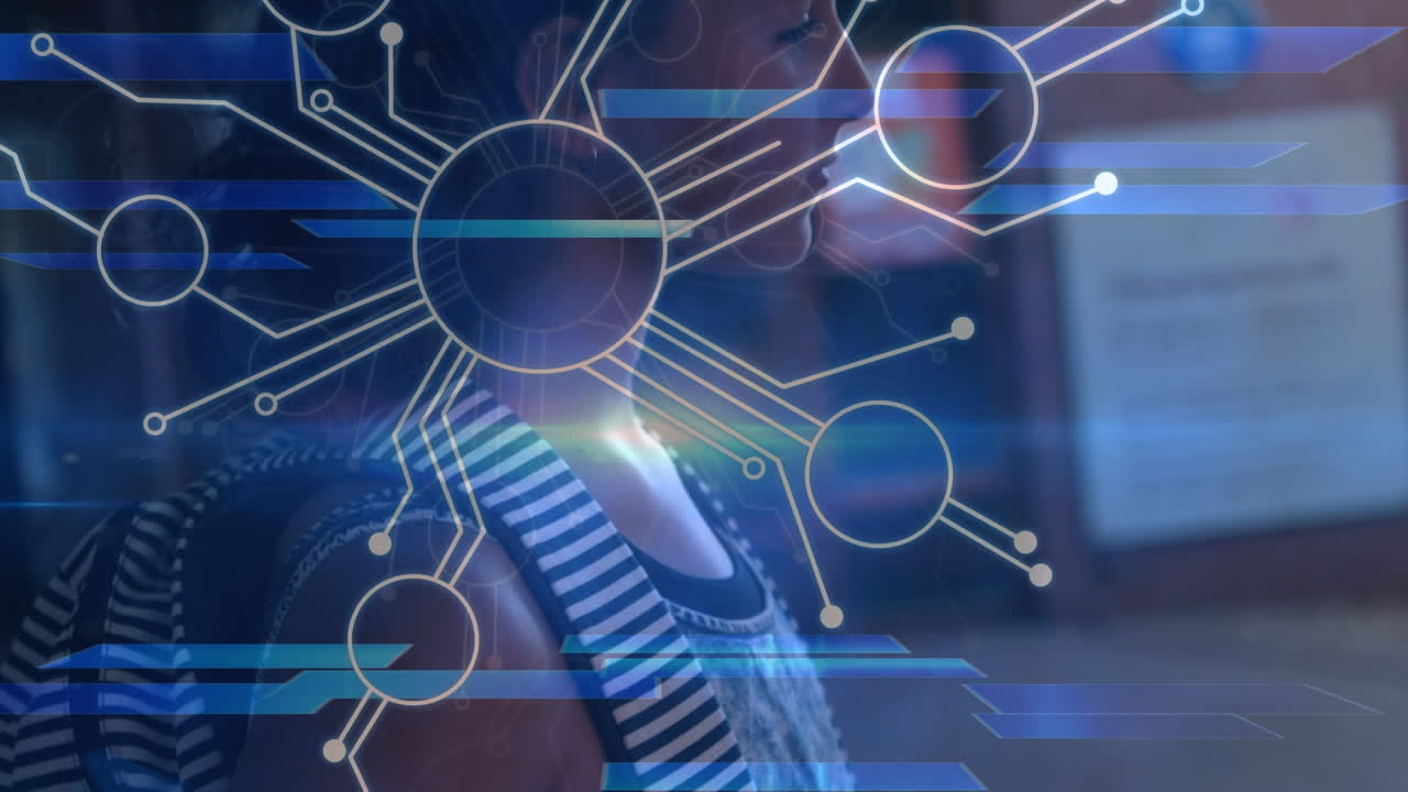 animación de la red de conexiones y formas sobre la adolescente caucásica